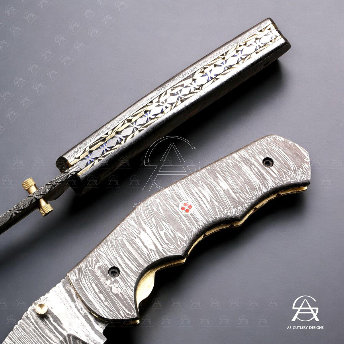 Hand-Forged Damascus Steel Folding Knife | Mosaic Pin, Leather Sheath