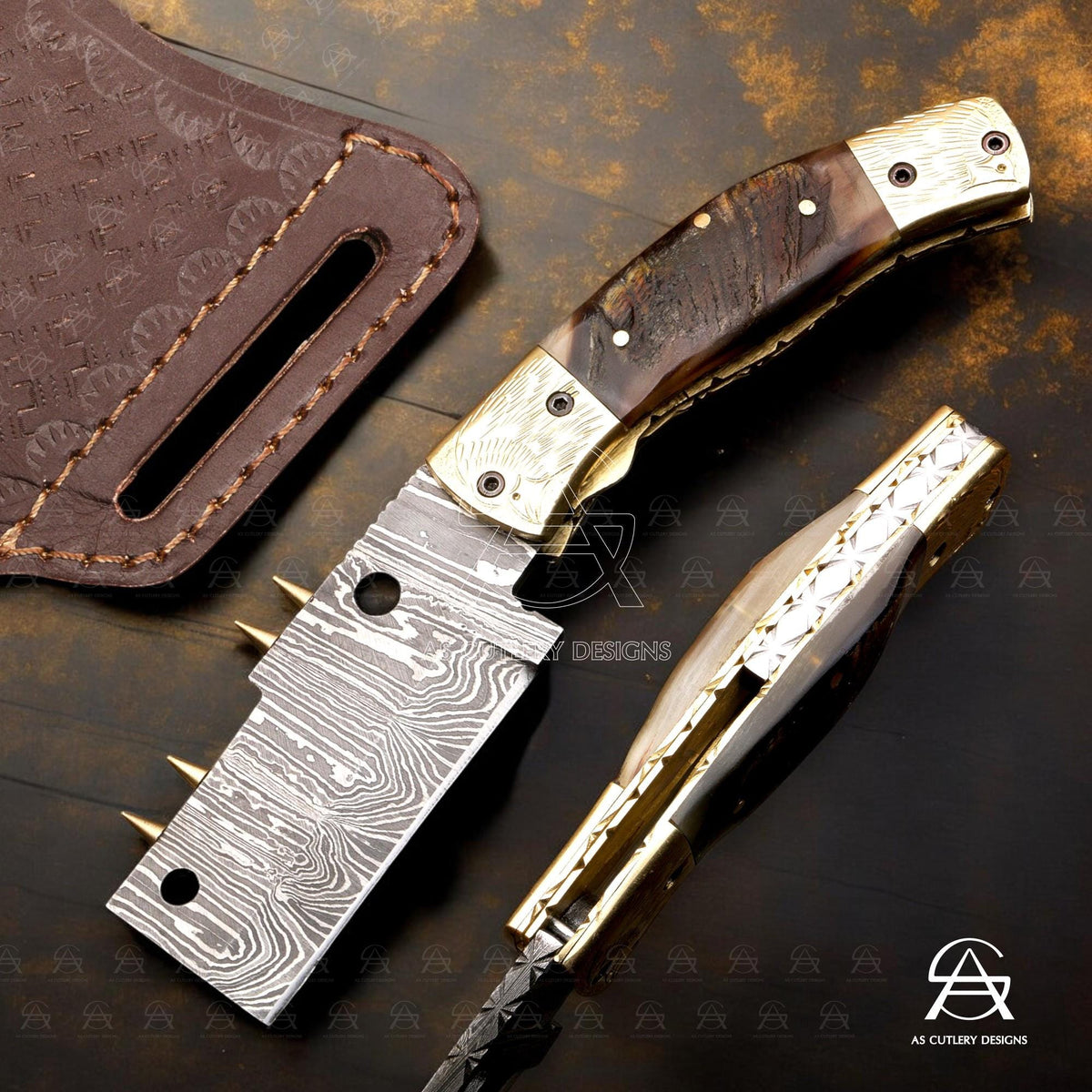 Hand-Forged Damascus Steel Folding Knife | Brass Bolster & Pommel with Hand Engravings | Lamb Horn Handle