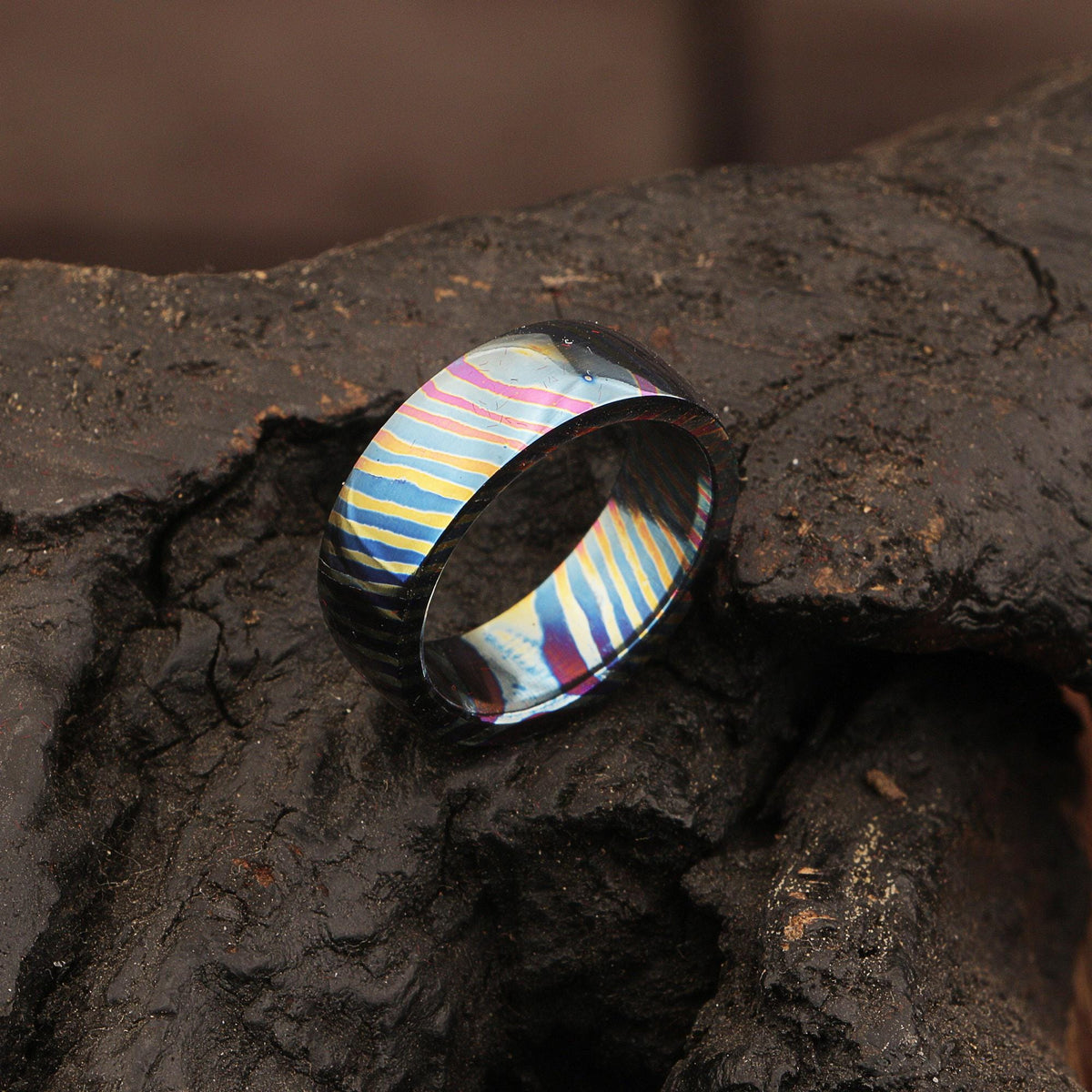 Customized Timascus Titanium Handmade Mens Engagement Ring Grooved Wedding Band