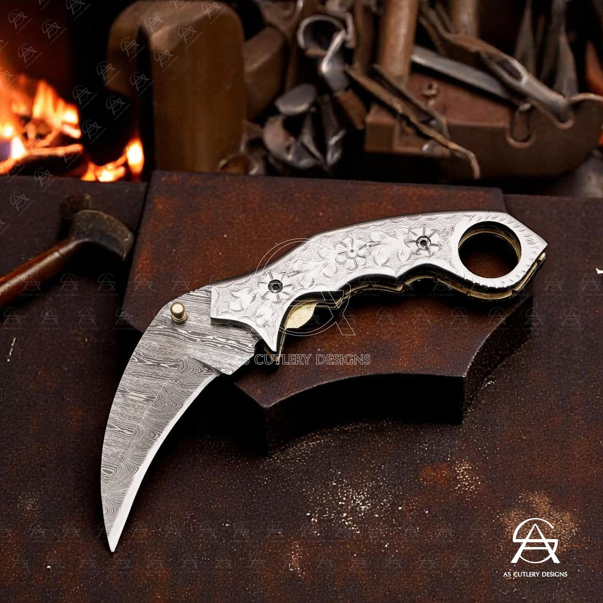 Hand-Forged Damascus Steel Karambit Knife | Engraved Handle, Leather Sheath
