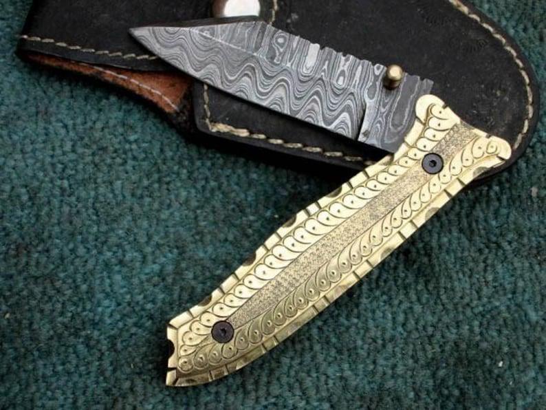 Handmade Damascus Folding Knife, Engraved Brass Handle, Leather Sheath