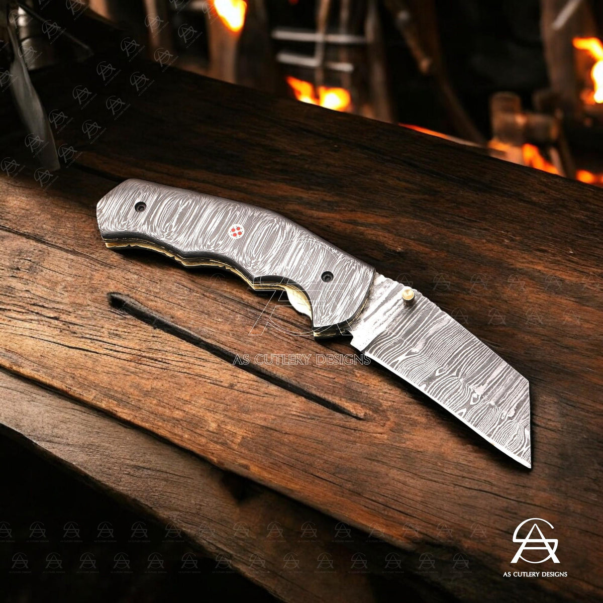 Hand-Forged Damascus Steel Folding Knife | Mosaic Pin, Leather Sheath
