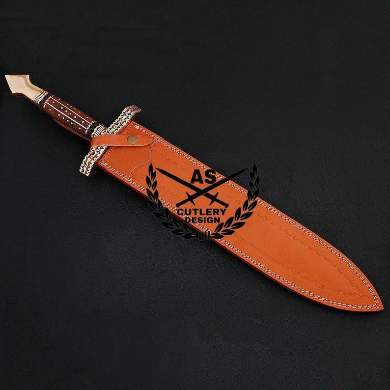 Custom handmade damascus hunting sword 24.25" with leather sheath