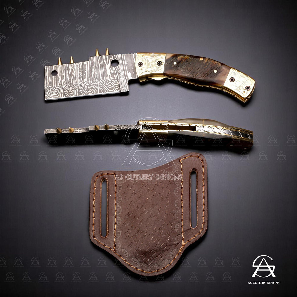 Hand-Forged Damascus Steel Folding Knife | Brass Bolster & Pommel with Hand Engravings | Lamb Horn Handle