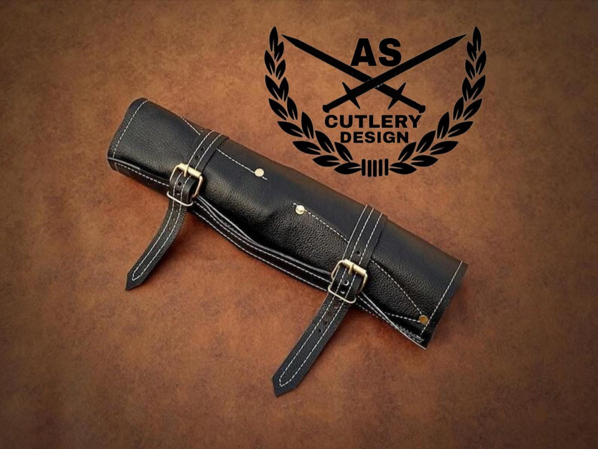 Custom Hand Forged Damascus Steel Chef Kitchen Knife Set With Leather Sheath Bag